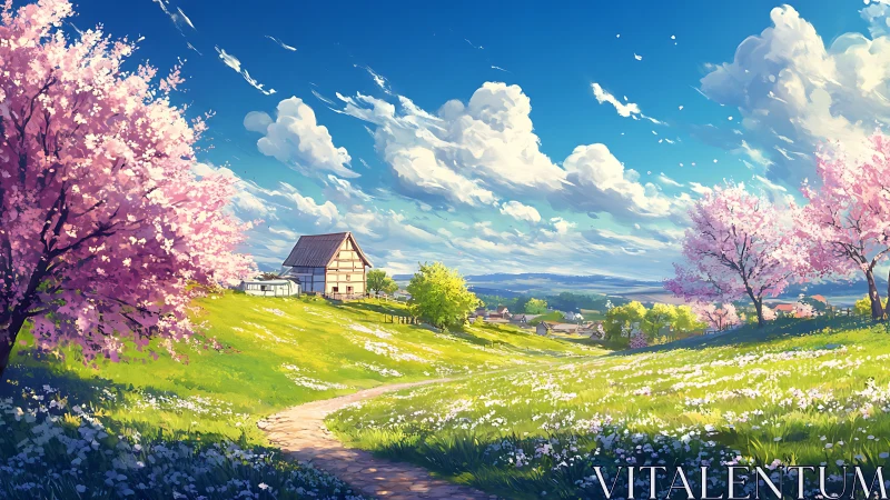 Spring hillside cottage under bright blue country sky.