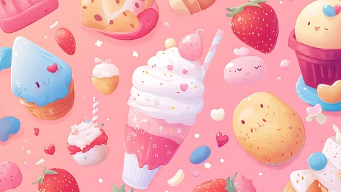 Sweet Treats and Smiling Strawberries Dance Across Pink Dreams