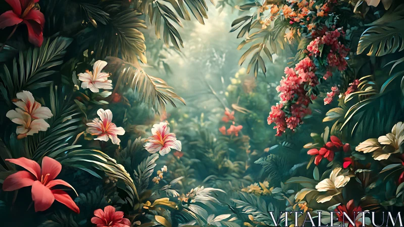 Lush Tropical Botanical Garden with Vibrant Blooms and Layered Foliage.