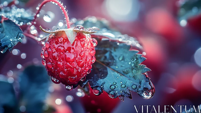 Dew-covered red berry glows against dreamy bokeh backdrop.