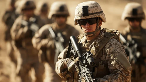 Calm soldier leads focused patrol through warm desert light