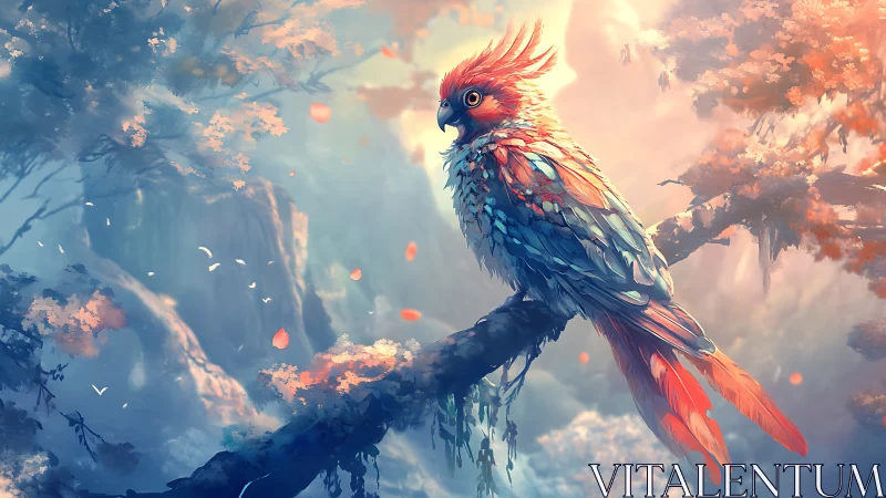 Vibrant fantasy parrot on branch in dreamy digital art scene.