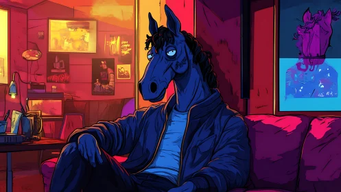 Anthropomorphic blue horse figure sits on couch in neon room