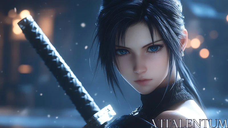 Midnight-eyed sword maiden amid drifting winter sparks.