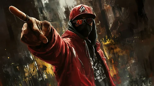 Urban street figure in red jacket points with bold attitude.