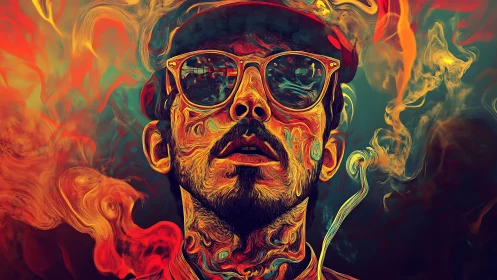 Psychedelic portrait shows man in neon smoke and swirling light