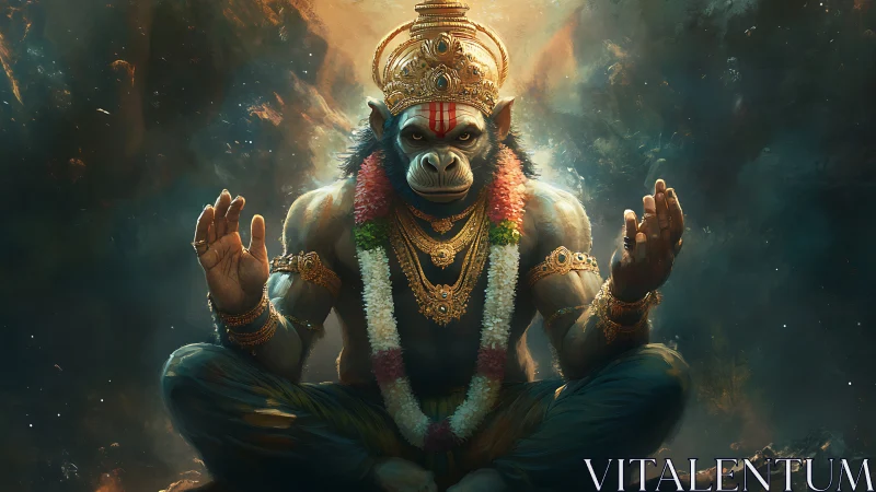 Divine simian deity in meditative lotus pose with ornate regalia