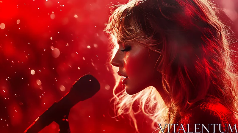 Side-lit vocalist profile framed by saturated red bokeh haze