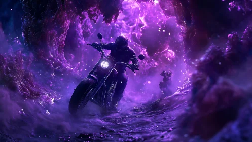 Motorcyclist rides through luminous violet tunnel environment