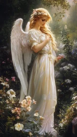 Serene angel in sunlit garden with flowing ivory gown.