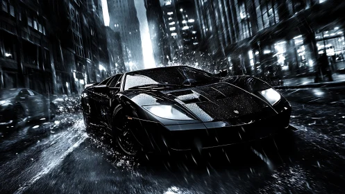Noir supercar sprint in cinematic urban rain environment.