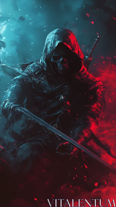 Hooded reaper swordsman divides blue frost from crimson fire.