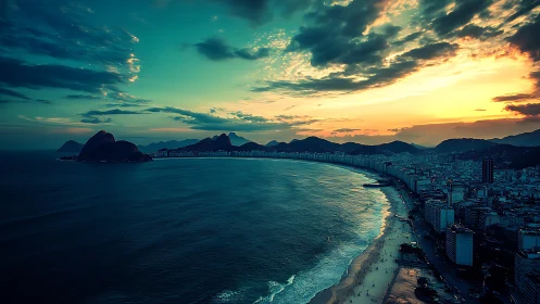 Sunset teal tide curling around a luminous city crescent.