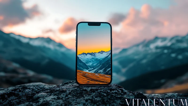 Mountain window smartphone catching sunrise between worlds.