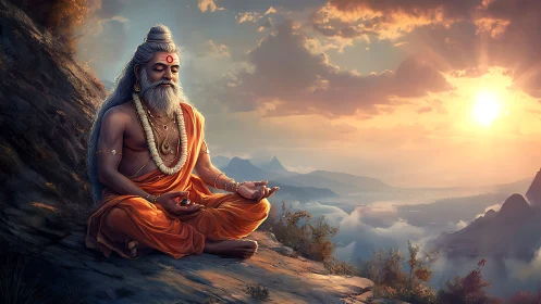 Peaceful sage meditating at sunrise above misty valleys.