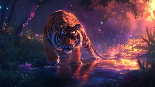 Gentle tiger wandering through a glowing twilight forest.