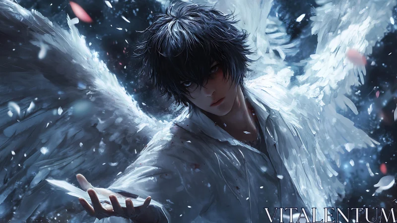 Dark winged angel reaches through swirling storm of feathers