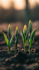 Young Flower Buds Emerging Through Soil at Golden Hour