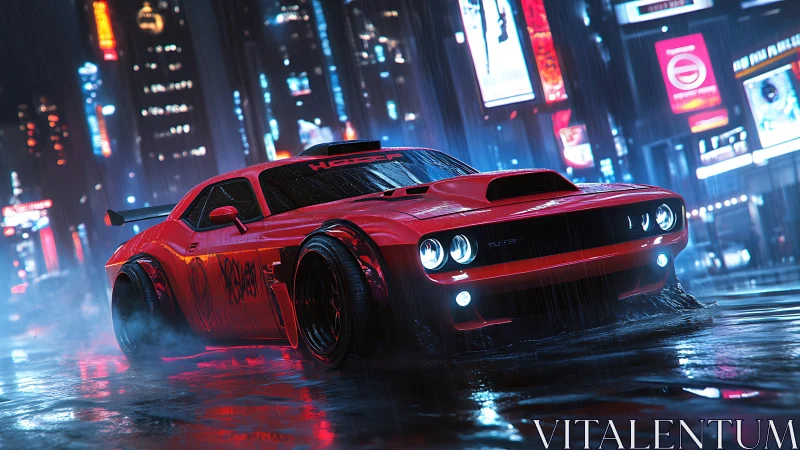 Red muscle car powers through neon city rainstorm at night.
