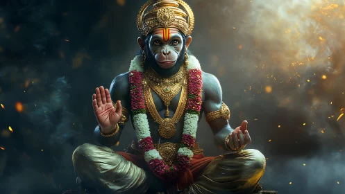 Radiant monkey deity in golden meditative stillness.