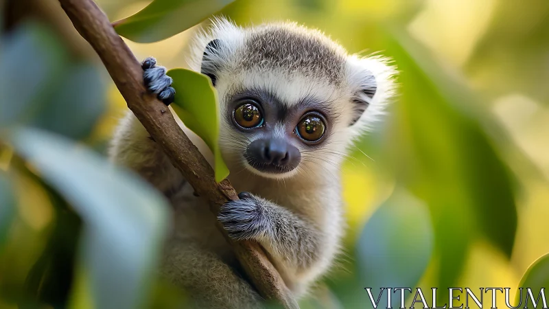 Baby lemur clings to branch amid soft green bokeh forest.