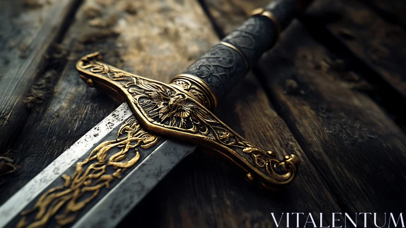 Ornate golden sword lies on weathered wooden boards