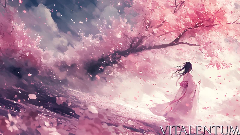 Soft winds and drifting petals in a dreamlike sakura path.