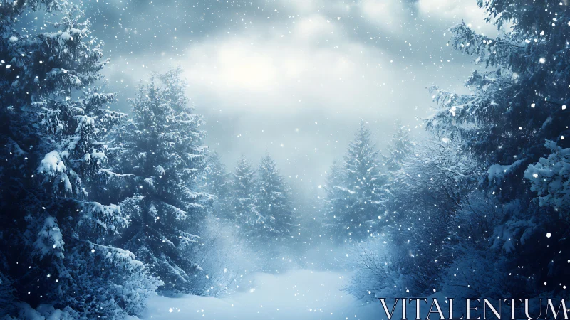 Snowy conifer forest deepened by falling twilight snow