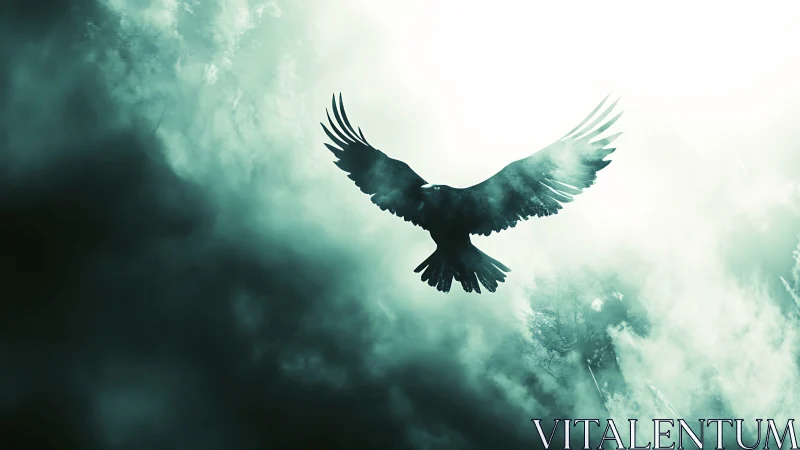 Silhouetted raven ascension in high-contrast digital painting.