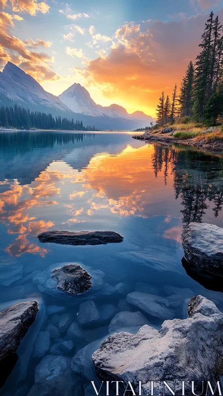 Sunrise reflections over alpine lake and rocky shoreline.