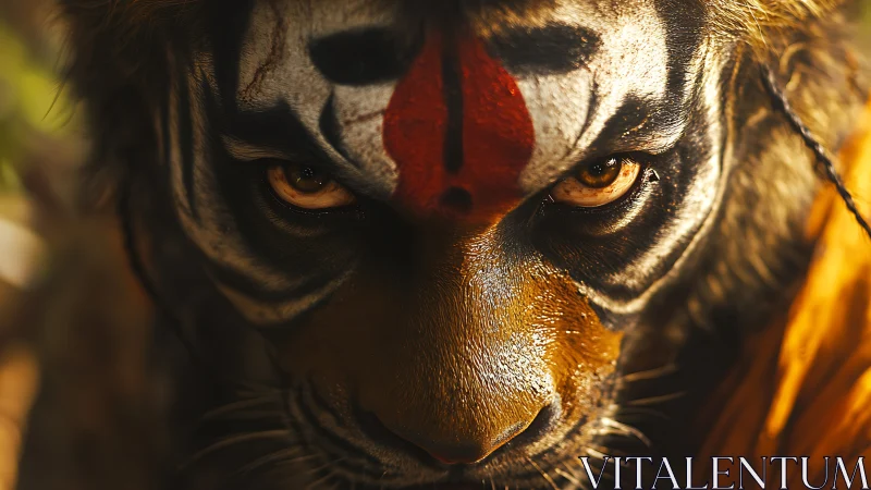 Close-up frontal view of tiger face with ritual markings