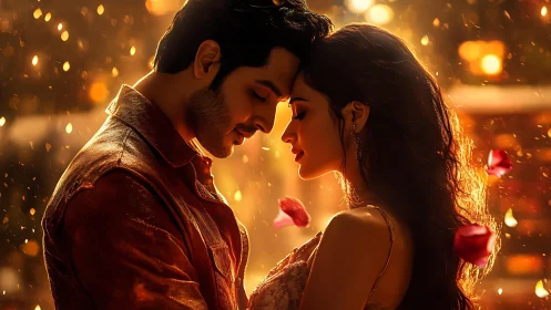 Couple in Golden Hour Embraces with Particle Light Effects