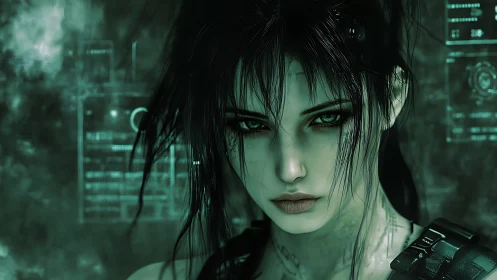 Cybernetic operative portrait with teal biometric HUD overlays.