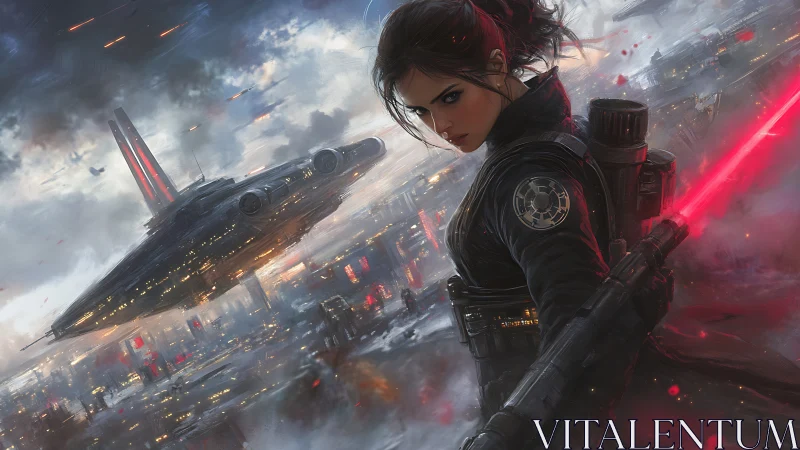 Armored female soldier with red energy weapon in cityscape.