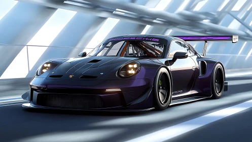 Widebody GT race car rendering in futuristic tunnel lighting