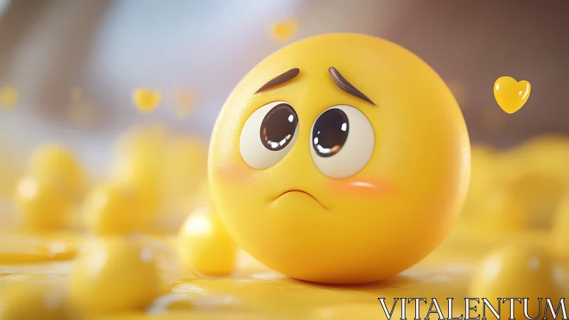 Sad yellow emoji sphere shows glossy 3D rendered face