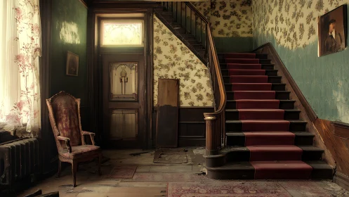 Decaying vintage staircase holds echoes of a vanished era.