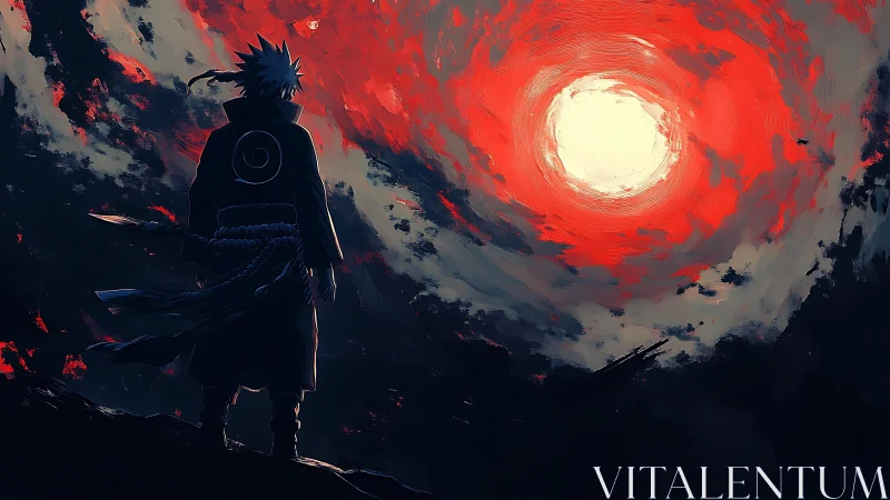 Cloaked figure stands under large red vortex sky