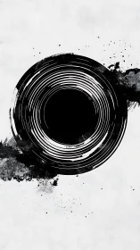 Monochrome concentric circle with splattered ink elements.
