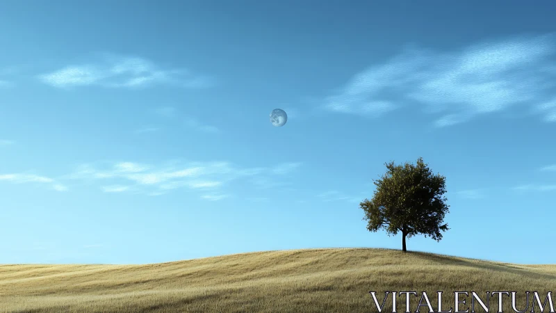 Lone hillside dreamer beneath a pale daytime moonrise.