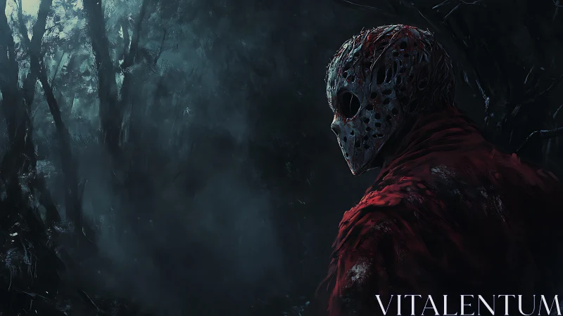 Masked killer silhouette in low key forest lighting with textured fog