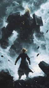 Stormlit warrior confronting colossal armored titan figure.