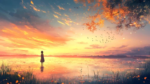 Littoral horizon study with solitary figure at refracted sunset.