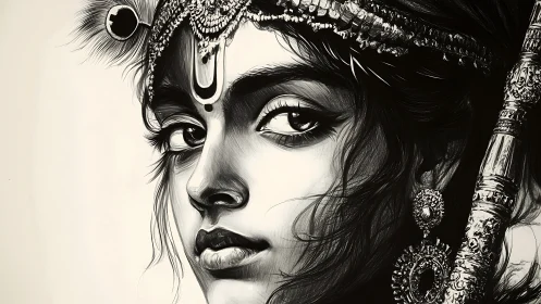 Monochrome portrait of ornamented woman with flute detail.