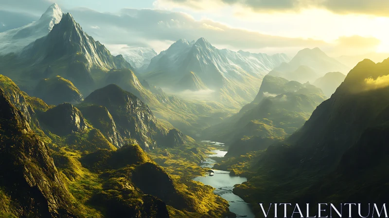 Sunlit green valley between dramatic snow capped peaks.