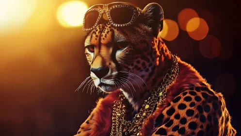 Jeweled Cheetah Portrait with Diamonds and Rhinestones Against Warm Bokeh