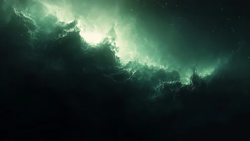 Emerald cosmic stormscape merges nebular light with abyssal void