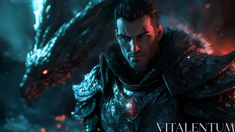 Armored dark knight with dragon ally under dual-color rim lighting