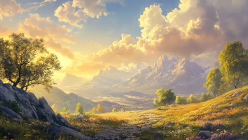 Sunlit mountain valley with wildflower meadow and rocky path.