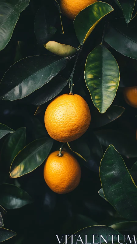 Ripe oranges hanging on dark glossy citrus foliage.